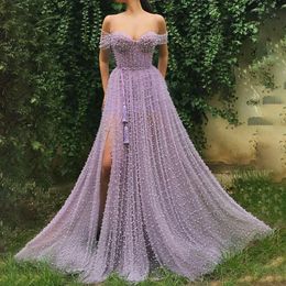 Handmade Heavy Pearls Sweetheart A-line Lilac Prom Dresses 2020 High Slit Women Formal Evening Gowns robes