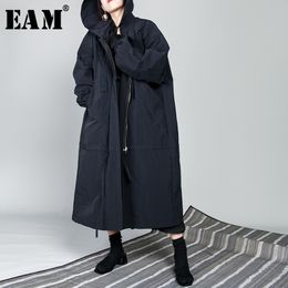 [EAM] New Spring Drawstring Full Sleeve Hooded Collar Loose Zipper Thin Big Size Long Coat Women Jacket Fashion Tide OB113 201026