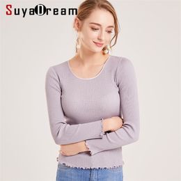 SuyaDream Ribs O neck Plain Pullovers 30%Silk 70%Cottom Slim Fit Women Thin Bottoming Sweaters Autumn Winter Knitwear LJ201114