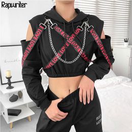 Rapwriter Casual Metal Chain Patchwork Letter Ribbon Long Sleeve Hoodies Women Fall Winter Black Harajuku Pullover Crop Top 201007