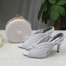 Dress Shoes BaoYaFang 9cm White Pearl women wedding shoes And Bags Bride High heels ladies party dress woman Open Toe Slingbacks 220303