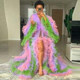 Mix Colour Splicing Tulle Robe Women Puffy Ruffled Sleepwear Birthday Party Tulle Dress Plus Size Photography Nightgowns Custom Made