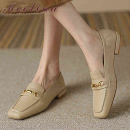 Meotina Women's Flat Shoes Leather Chain and Square Toe Tips Fashion Spring Autumn Beige 220209