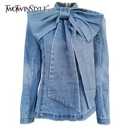 TWOTWINSTYLE Patchwork Bow Denim Women's Jacket Stand Collar Long Sleeve Vintage Ruched Jackets For Female Fashion Clothing T200212