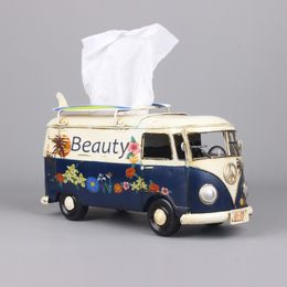 Multicolor Flower Bus Model Figurines Retro Car Tissue Box Home Decoration Ornaments Crafts Vintage Ornaments Living Room Decor T200710