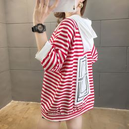 Women's Long Sweatershirt Oversized Hoodie Spring Summer Round Neck Long Sleeve Fashion Wild Striped Hooded Black red loose 201202