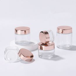 DHgate Fancy 5ml 10ml 15ml 20ml 30ml 60ml 100ml Empty Clear Glass Body Scrub Jars Transparent Glass Cosmetic Cream Jar with Rose Gold Lid Freeship