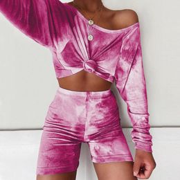 DEAT 2020 Summer New Casual Long Sleeve O Neck T Shirt Elastic Shorts Women Floral Print Two Piece Set Outfits LJ201117