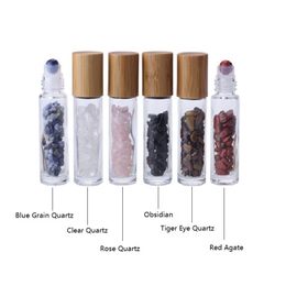 10ml Essential Oil Roller Bottles Glass Roll Perfume Bottles Crushed Natural Crystal Quartz Stone Crystal Roller Ball Bamboo Cap GGB2739-1