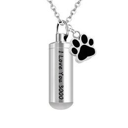 Pet Paws Cylinder Pendant For Pet/Human Stainless Steel Cremation Ashes Memorial Urn Jewelry Necklace-I love you 3000