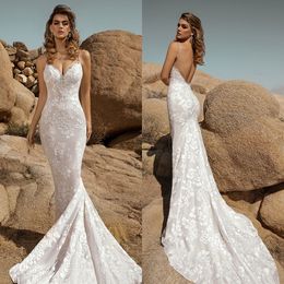2021 New Wedding Dresses Spaghetti Straps Lace Beaded Appliques Mermaid Bridal Gowns Custom Made Open Back Sweep Train Wedding Dress