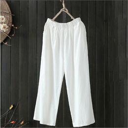 Plus Size White Cotton Pants Women Summer Elastic Waist Loose Casual Black Wide Leg Pants Women's Pocket Ankle Length Trousers 201031