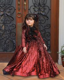 Burgundy Sparkly Flower Girl Dresses Sequined Long Sleeves Little Girl Wedding Dresses Cheap Communion Pageant Dresses Gowns V26