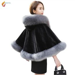 Women's Fur & Faux Novelty Women Imitation Cape Shawl Coat With Cap Short Poncho Cloak Parka Hooded Winter Collection G749