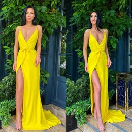 Simple Yellow Bridesmaid Dress Sexy V Neck Prom Gowns High Split Custom Made Formal Runway Fashion Dress Cheap