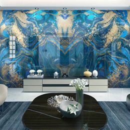 Custom Wall Mural 3D Blue Golden Abstract Marble Pattern TV Background Papel De Parede Modern Papers Home Decor Living Room