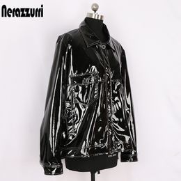 Nerazzurri Black loose patent leather jacket with many pockets long sleeve buttons Plus size faux leather jackets women 5xl 6xl 210201