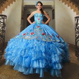 Stunning Blue Ball Gown Quinceanera Dresses Embroidery Sweet 16 Dress Tiered Floor Length Organza Corset Masquerade Gowns