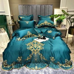 New Luxury Gold Royal Embroidery Green Blue Red Egyptian Cotton Wedding Bedding Set Duvet Cover sheet Bed Linen Pillowcase T200706