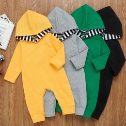 Baby Hooded Rompers Boys Striped Jumpsuits Solid Long Sleeve Bodysuits Casual Fashion Overalls Pants Boutique Climb Clothes M1024