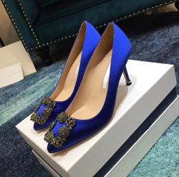 2022 Brand Pumps Women High Heel Shoes 6 8 10cm Spring Pointed Rhinestone Square Buckle Satin Women Wedding Shoes 35-43