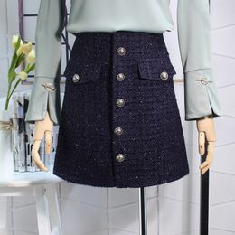 Flectit Fall Winter Plaid Wool Skirt Womens Royal Button Pocket Front Plus Size Glitter Tweed Mini Skirt Saia Feminina T200324