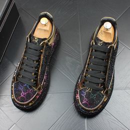 Fashion Men Shoe Black Pu Leather Personality Shoes Luxury British Designer Rhinestone Low Top Ultralight Thick-Soled Non-Slip Rock Walking Sports Sneakers Y126