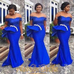 Royal Blue Lace Plus Size Evening Dresses Off The Shoulder South Africa Formal Dress Long Mermaid Prom Gowns Aso Ebi