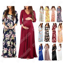 Abito premaman floreale da donna 14 colori Manica lunga maternità Abiti in gravidanza Boutique Abiti da donna Solido scollo a V Abiti maxi da donna M2855