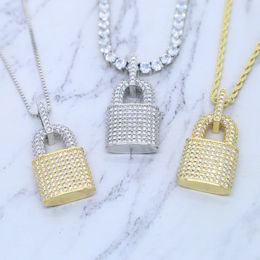 Iced Out Hip Hop Lock Pendant Necklace With Bling Cz Paved 5mm Tennis Chain Necklace Jewellery Wholesale For Women Girl Party Gift