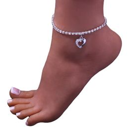 Anklets VCU Ins Fashion Love Heart Anklet Rhinestone Chain For Women Beach Tennis Pendant Bracelet Leg