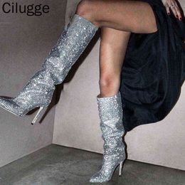 Luxurious Rhinestones Chelsea Boots Winter New Women's Knee High Boots Pointy Toe Stiletto Fashion Week Boots Nightclub Shoes Y1209