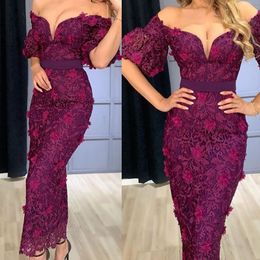 2021 Sexy Off Shoulder Sheath Prom Dresses Full Lace Appliques Hand Made Flowers Ankle Length Tight Formal Evening Gowns Short Sleeves