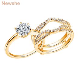 Newshe Yellow Gold Colour 925 Silver Solitaire Brilliant Round Engagement Rings Set Cz Wedding Band for Women Romantic Jewellery