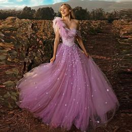 Party Dresses Off Shoulder Prom Dress With Feather Layered Tulle Ball Gown Floral Applique Evening Pink A-line Long