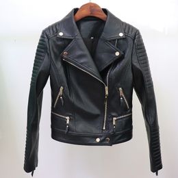 New Arrive Hot Classic Style Top Quality Women's Leather Jacket Coat Metal Buckles Diagonal Zipper Black Leather Motorcycle Jacket