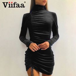 Viifaa High Neck Bodycon Elegant Drawstring Winter Velvet Dress Women 2021 Long Sleeve Fall Clothes Ladies Short Dresses Y0118