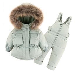 Children Winter Clothes Set -30 Degree Down Jacket Jumpsuit Baby Boy Parka Real Fur Girl Toddler Thick Warm Overall Snowsuit 211222