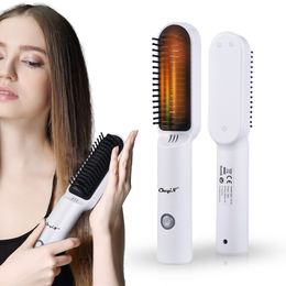 CkeyiN Professional Hair Straightener Comb Electric Wireless Straightening Beard Brush Men Salon Styling Tool USB Rechargeable 220211