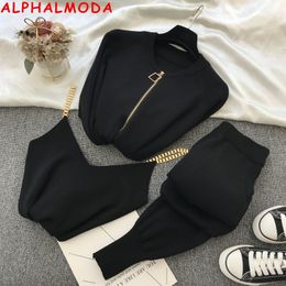 ALPHALMODA Normal Quality Zipper Cardigans + Chain Vest + Pants Women 3pcs Fashion Suit Autumn Winter Cozy Knitting Tracksuits 201008