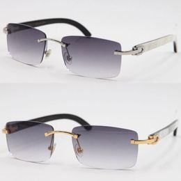 Großhandel 8200757 Stil Randlose Sonnenbrille Echte natürliche schwarze und weiße vertikale Streifen Büffelhornbrille 18K Gold UV400 Linsenrahmengröße: 56-18-140mm Heiß