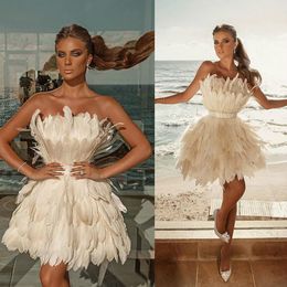 2021 Feather Short Prom Dresses Sexy Strapless Mini Party Evening Gowns Backless A Line Gowns robes de soirée