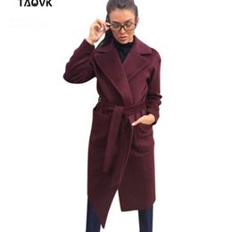 Taovk Kvinnors Jackor Coats Medium-Long Belt Wool Blandningar Coat Down-down Collar Solid Färgfickor Parka 210218