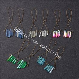 50Pairs Exaggerate Rainbow Aura Titanium Coated Crystal Points Quartz Sticks Spikes Beads Antique Bronze Triangle Earrings for Women Ladies