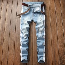 Men Stretch jeans side stripe biker jeans denim ripped knee holes slim supper skinny hip hop jeans men 201117