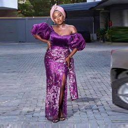 Aso Ebi Stil Off Schulter Prom Kleider 2022 Lila Spitze Sexy Front Split Plus Größe Afrikanische Frauen Formale Abend Anlass kleider CG001