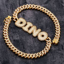 Hip Hop DIY Custom Name CZ Bubble Letters Pendant Necklace with 12mm CZ Stone Cuban Chain Necklace for Men Women