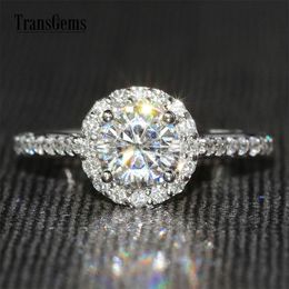 TransGems Centre 1ct Halo Engagement Ring 14K 585 White Gold 6.5MM F Colour Ring for Women Wedding Y200620