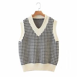 Evfer Women Casual Patchwork Houndstooth Za Knitted Vest Sweaters Autumn Chic Lady Sleeveless Preppy Style Pullover Tops 201128