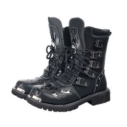 Punk Rock Männer Stiefel Schwarz Leder Knöchel Schuhe Schnüren Metall Dekoration Persönlichkeit Herren Schuhe 201126